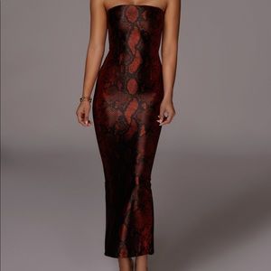 Red Snakeskin Strapless Slit Dress